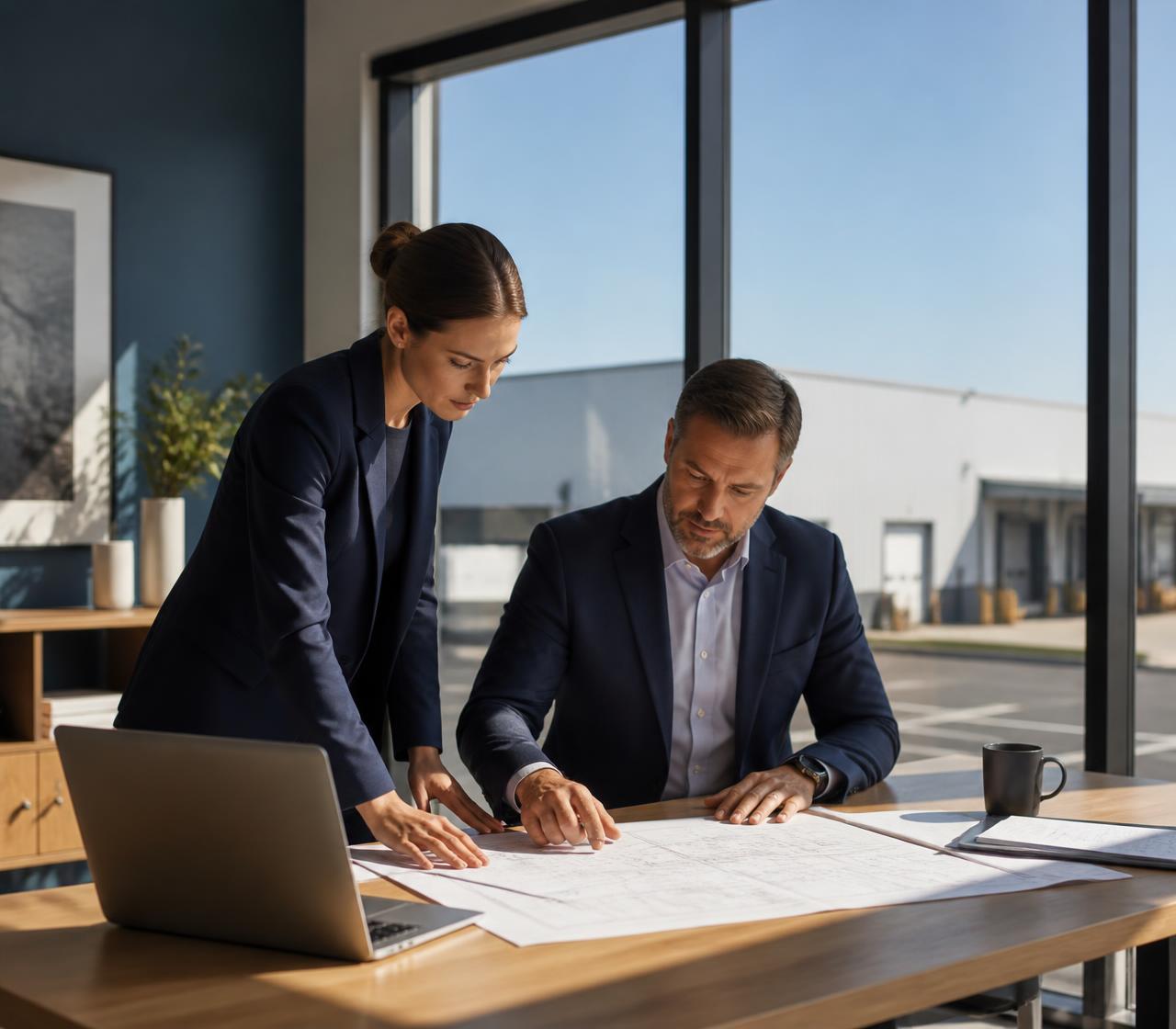 Business owners reviewing plans in an office overlooking their commercial facility